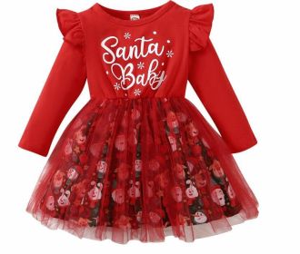 Christmas Snowflake Long Sleeve Letter Mesh Fluffy Stitching Dress (Option: Red CC02105 AS-90 Yards)