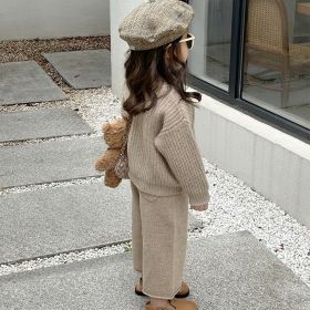 Girls Sweater Suit Sweater Knitted Wide-leg Pants (Option: Khaki-100cm)