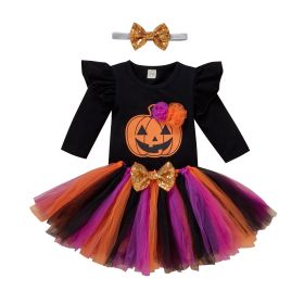 Girls' Halloween Black Romper Printed Smiley Face Pumpkin Mesh Skirt Three-piece Set (Option: Black-70cm)