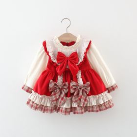Girl's Plaid Cute Bow Dress (Option: Red Lolita-90CM)