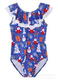 Girls' Christmas Printing Quick-drying One-piece Polyester Swimsuit (Option: Blue-100cm)