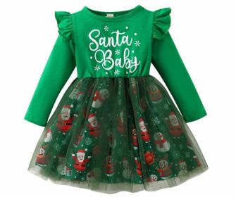 Christmas Snowflake Long Sleeve Letter Mesh Fluffy Stitching Dress (Option: Green CC02105 BS-80 Yards)