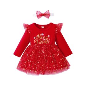 European And American Christmas English Gilding Letters Printed Mesh Puff Sleeve Dress (Option: RJ0732-100cm18to24M)