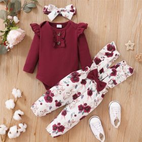 Long-sleeve Jumpsuit Floral Suspender Pants Headscarf Three-piece Set (Option: Wine Red-12or18m)