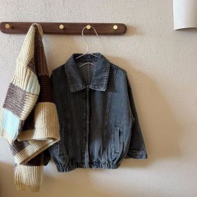 Children's Denim Jacket Boys And Girls Retro Distressed Zipper Jacket (Option: Gray Black-110cm)