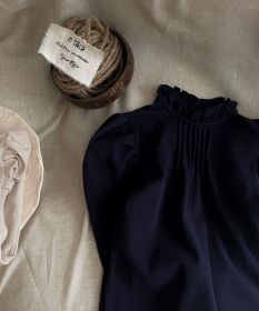 Girls' Lace Puff Sleeve Bottoming Shirt (Option: Navy Blue-110cm)