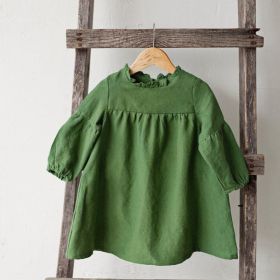 Girls' Cotton And Linen Solid Color Autumn Long-sleeved Dress (Option: Army Green-120cm)