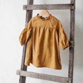Girls' Cotton And Linen Solid Color Autumn Long-sleeved Dress (Option: Caramel-120cm)