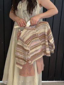 Girls' Colorful Striped Gradient Knitted Sweater Cardigan Top (Option: Pink-140cm)